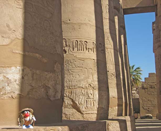 The tater checks out the graffitti on the great columns of the Karnak temple complex