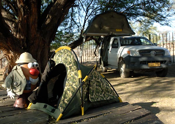 Spud pitches his tent