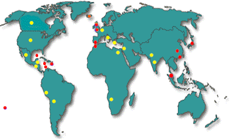 Click on a dot to see Spud's adventures in that country!