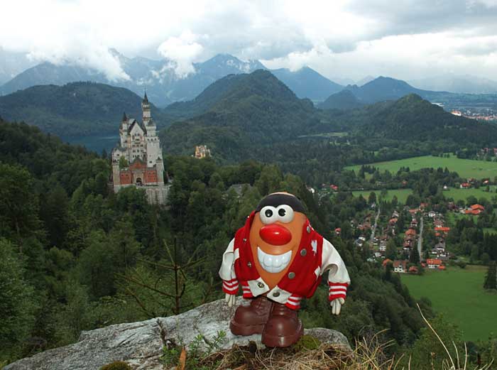 Spud admires the beautiful Bavarian countryside including the magnificent Schloss Neuschwanstein and the Alps