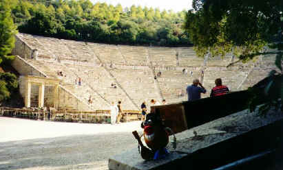 Spud prepares to check the acoustics of the Sanctuary of Epidavros
