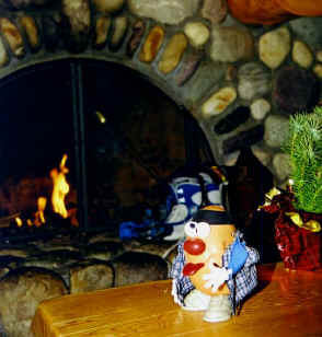 Sporting a sling, Spud seeks sympathy from the ski bunnies in the Ski Lodge