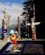 Spud admires the totems hewn by the Coastal Indians