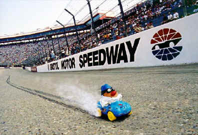 Spud lays rubber on the high banks of the Bristol Motor Speedway