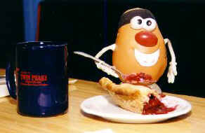 Spud enjoys a slice of Twin Peaks famed cherry pie along with a damn fine cup of jo.